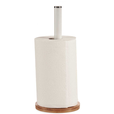 Stojak na ręcznik papierowy, biały, bambusowa podstawa
