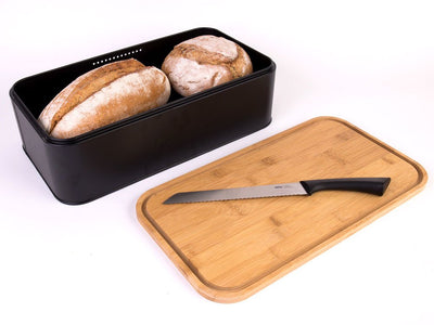 Metalowy chlebak z bambusową deską do krojenia, czarny, 2w1, ZELLER