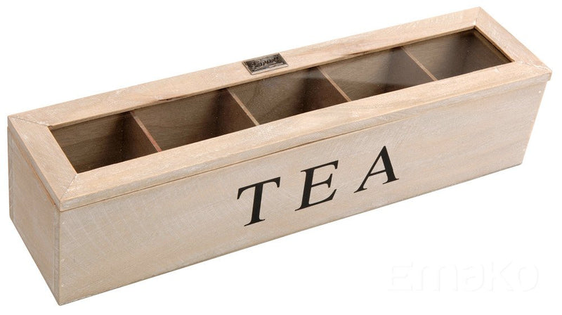 Drewniana, podłużna herbaciarka TEA, 5 przegródek