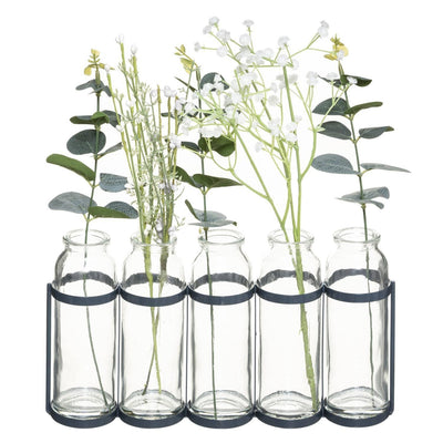 Wazoniki szklane w metalowym stojaku, ze sztucznymi kwiatami, kolor zielony