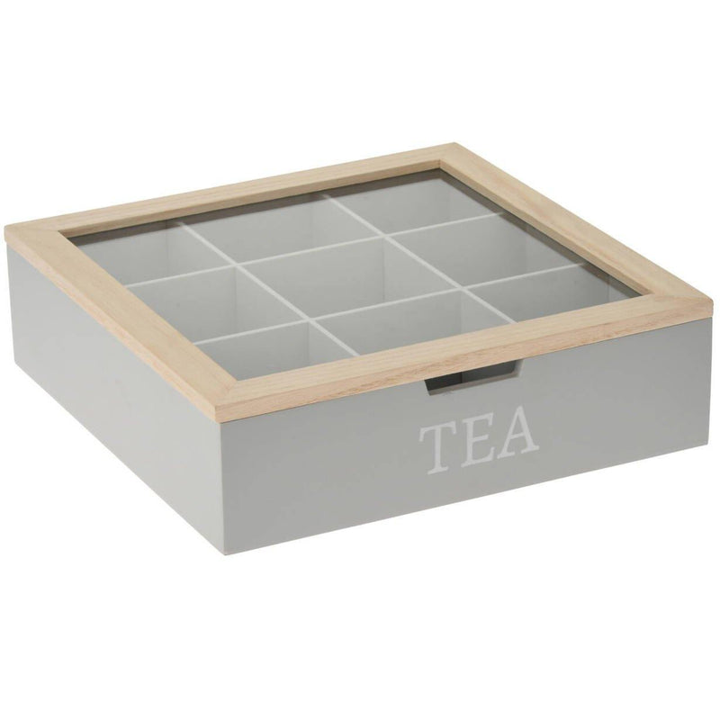 Pudełko na herbatę z napisem TEA, MDF, 24 x 24 x 7 cm, szare