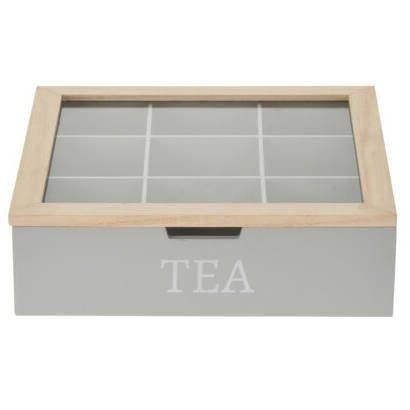 Pudełko na herbatę z napisem TEA, MDF, 24 x 24 x 7 cm, szare