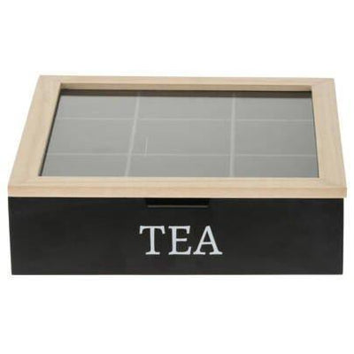 Pudełko na herbatę z napisem TEA, MDF, 24 x 24 x 7 cm, czarne