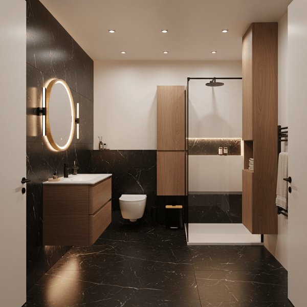 Czarny marmur i drewno w łazience