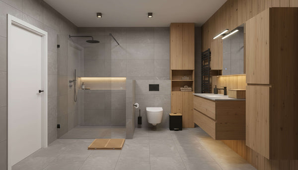 Szara łazienka z drewnem