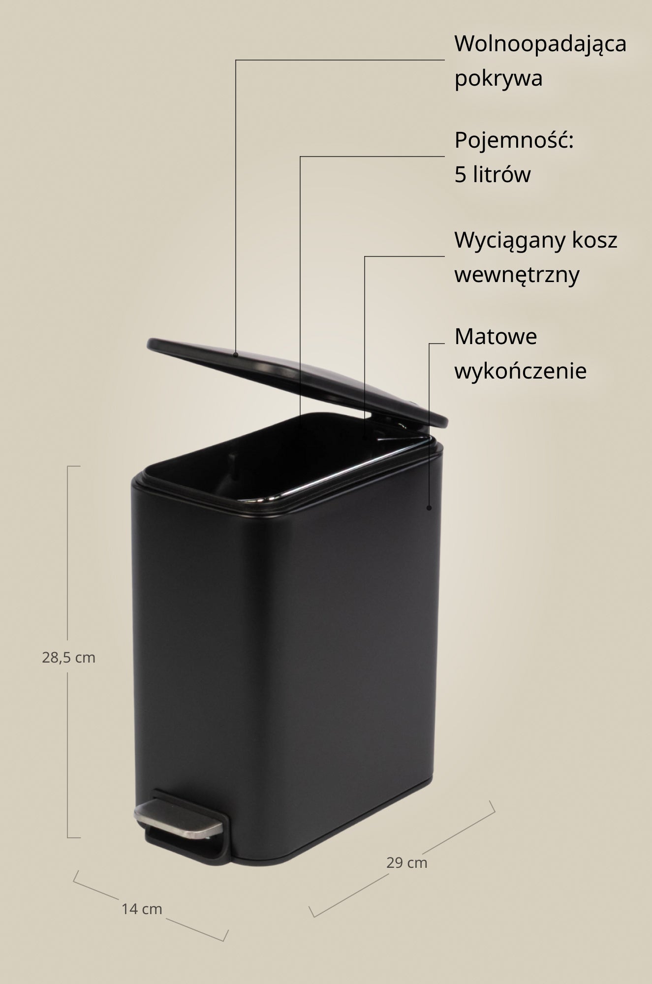 Wąski kosz łazienkowy BALVO, 5 l