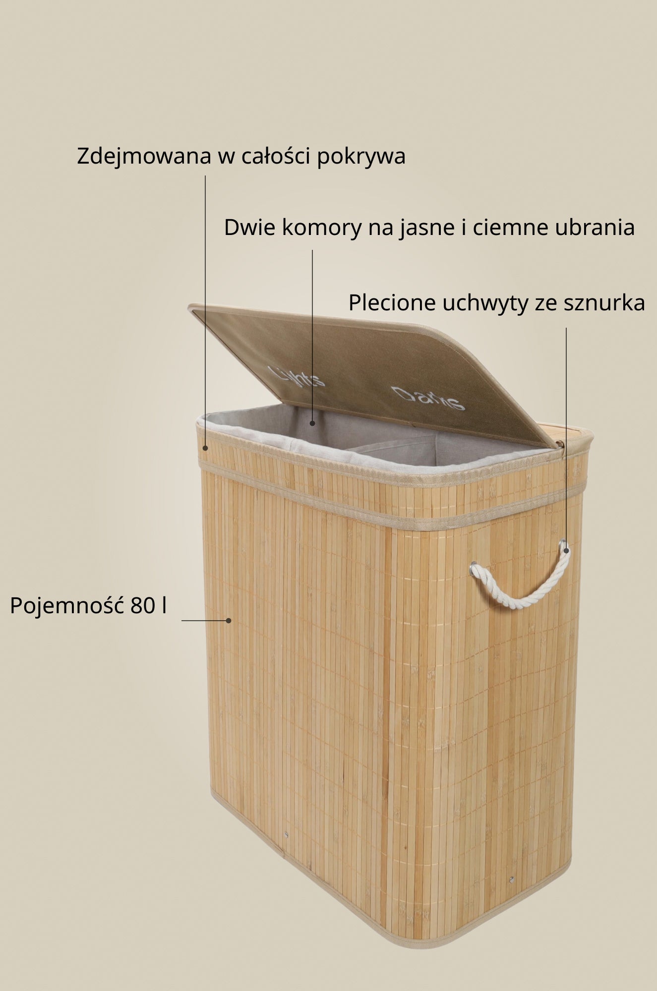 Bambusowy kosz na pranie, dwukomorowy ARVI, 100 l