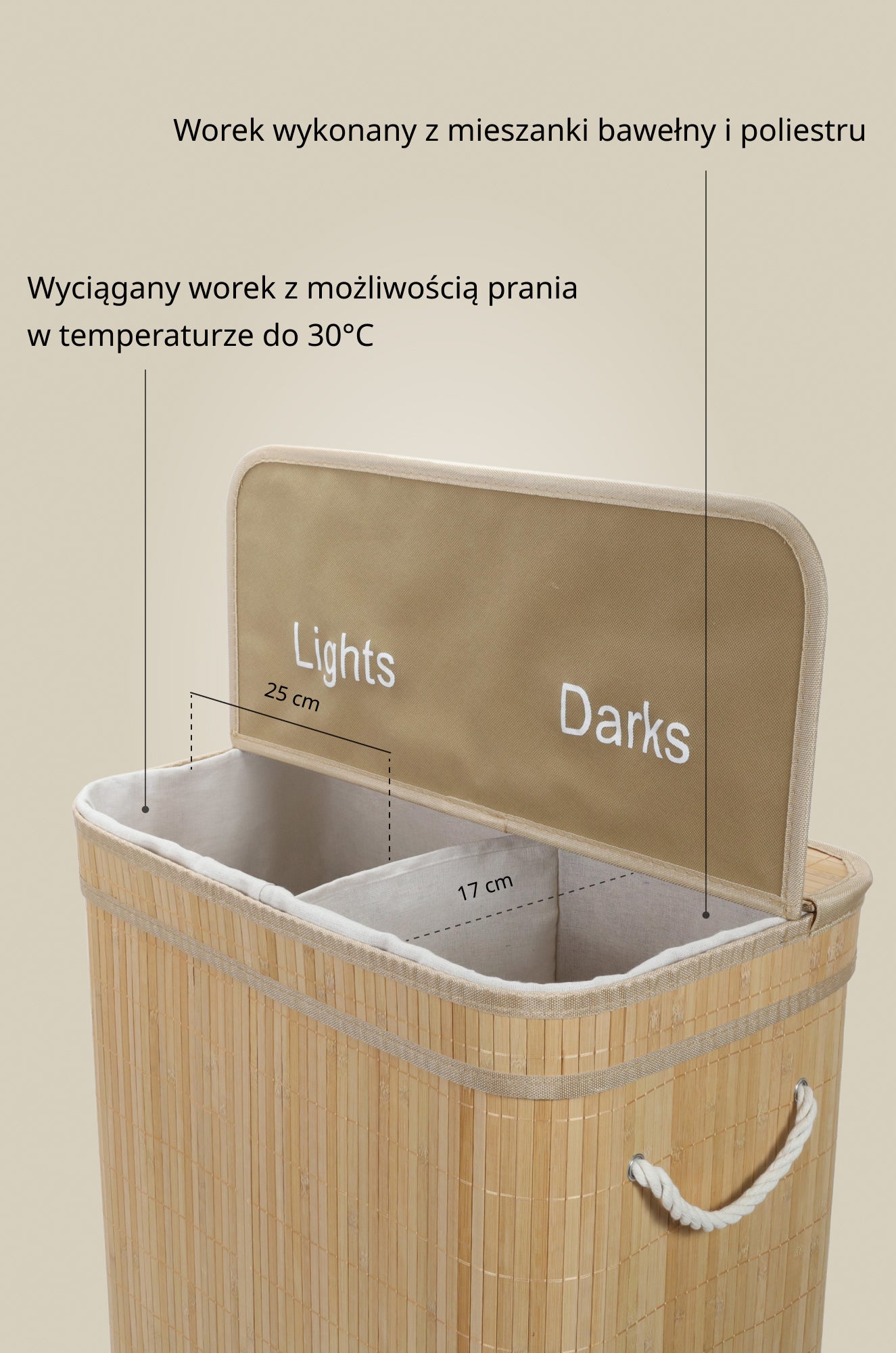 Bambusowy kosz na pranie, dwukomorowy ARVI, 100 l