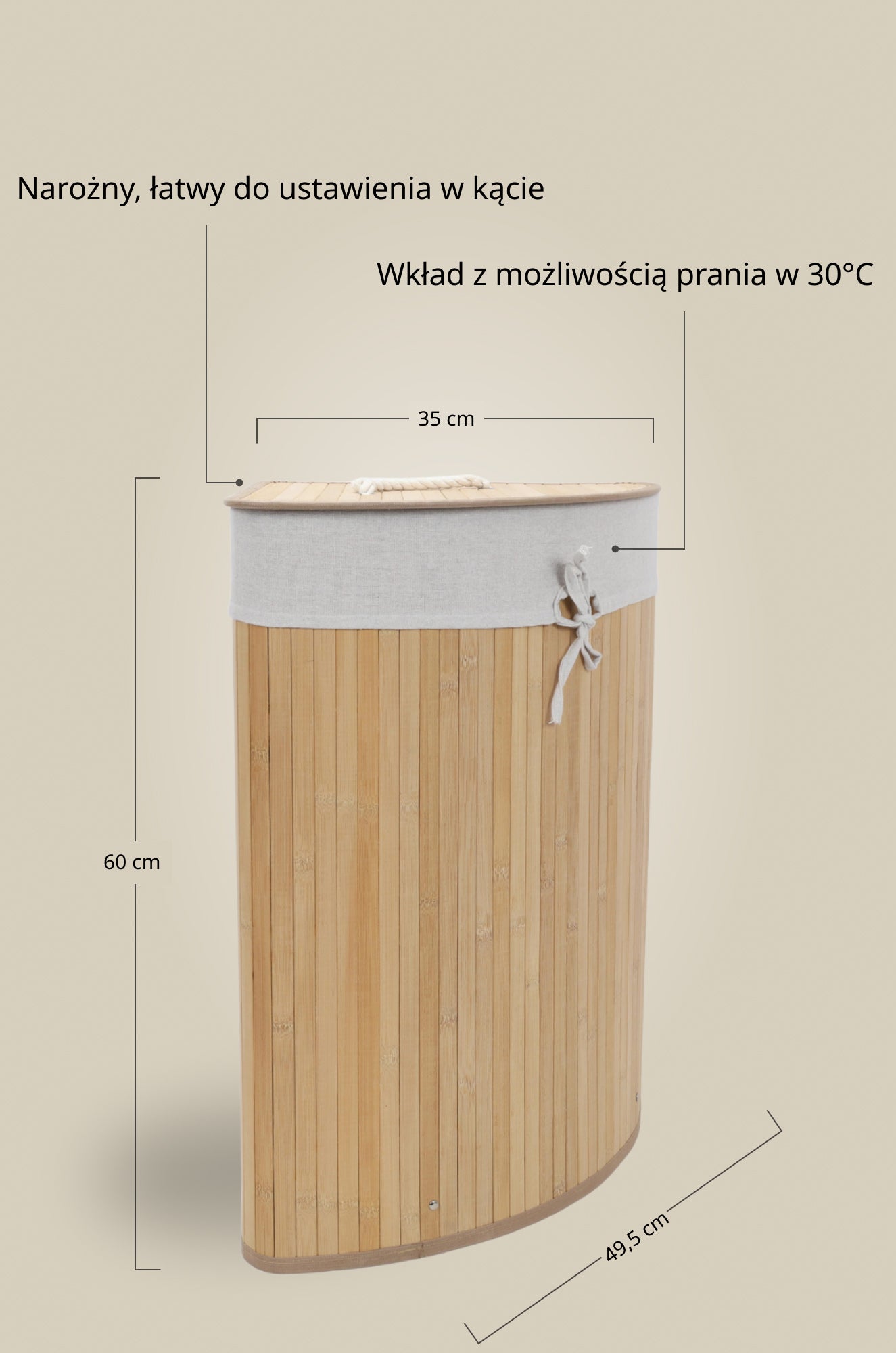 Narożny kosz na pranie ARCO, bambus, 60 l