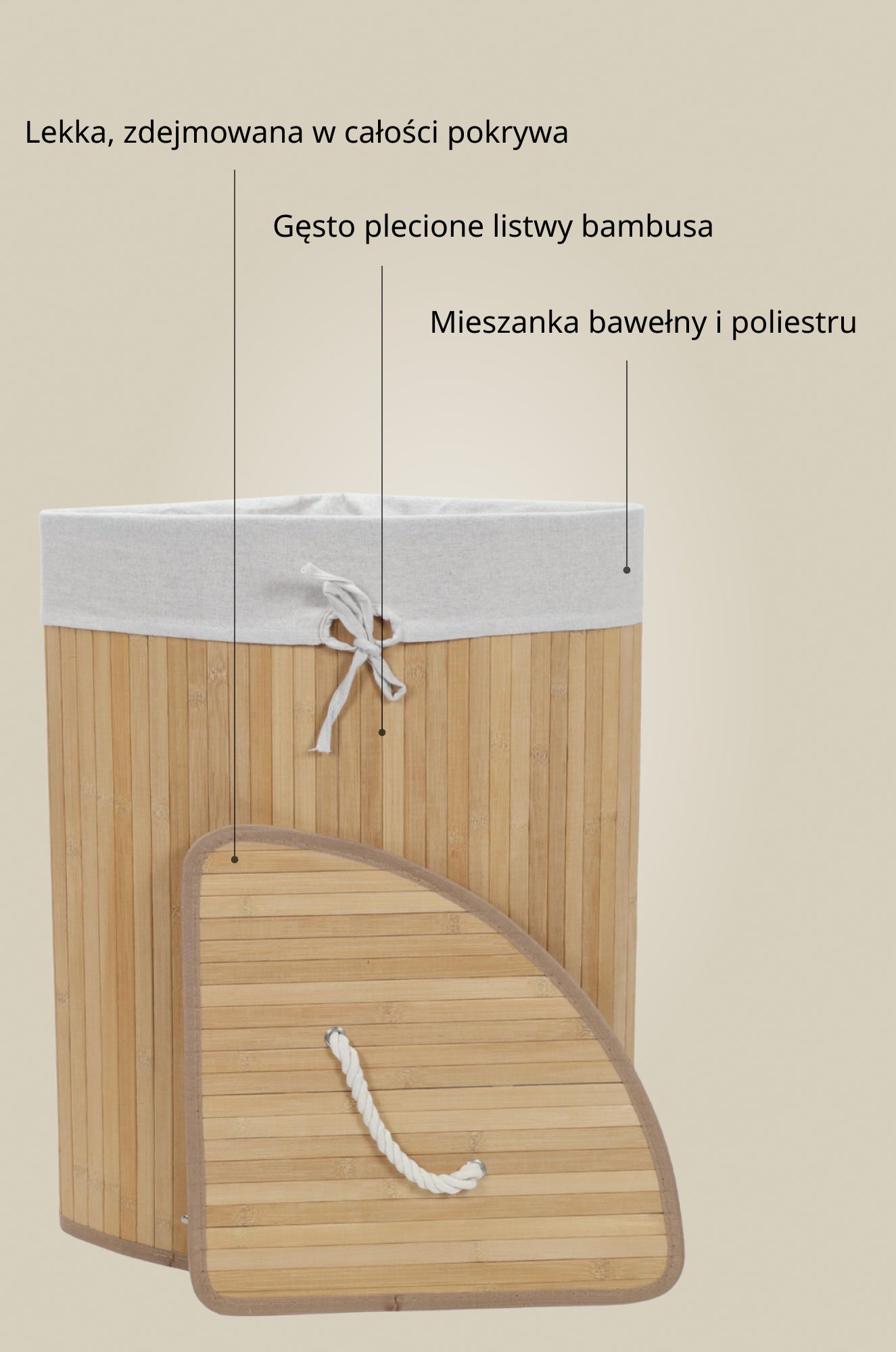 Narożny kosz na pranie ARCO, bambus, 60 l