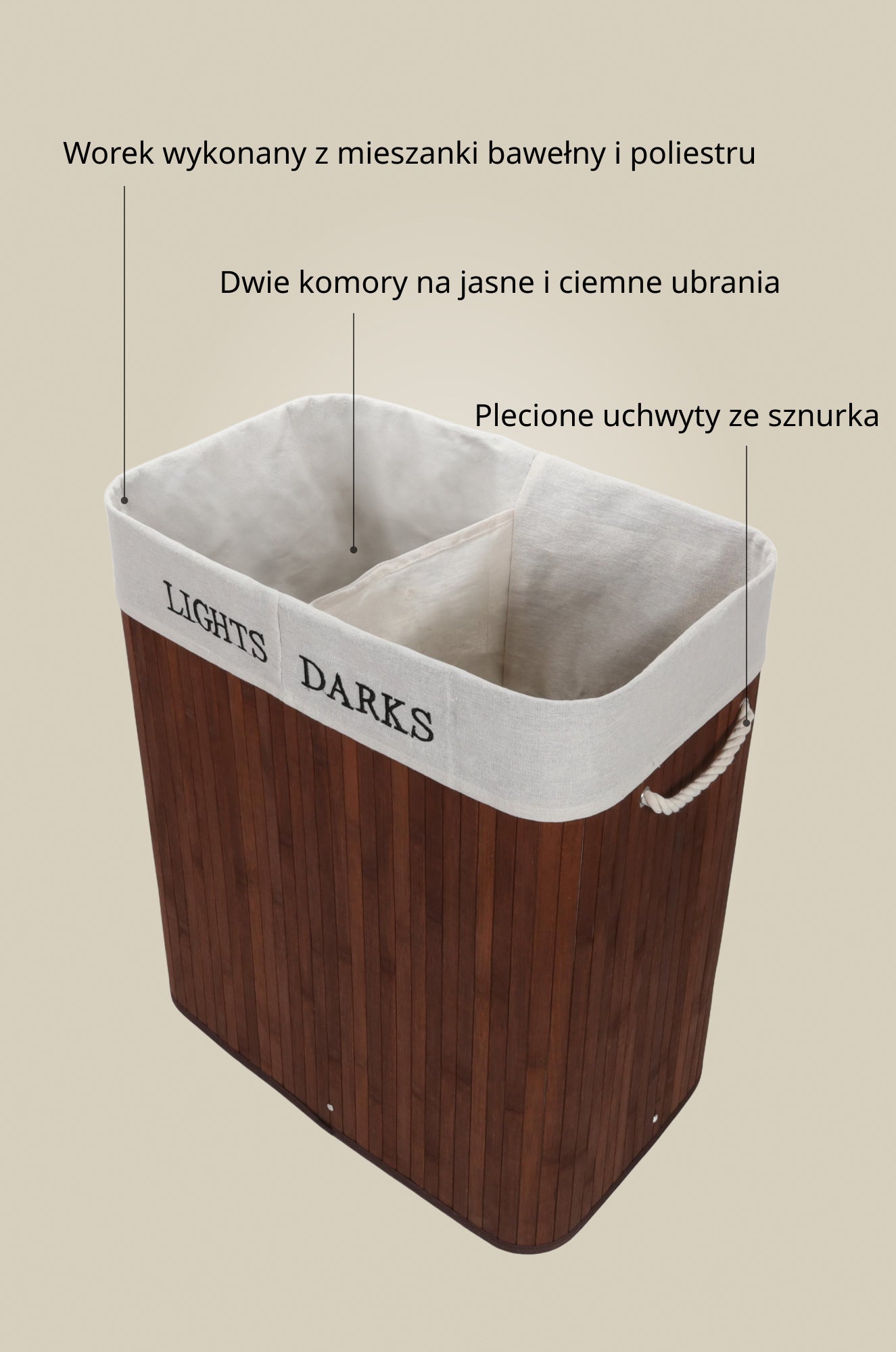 Bambusowy kosz na pranie, dwie komory SVANA, 100 l