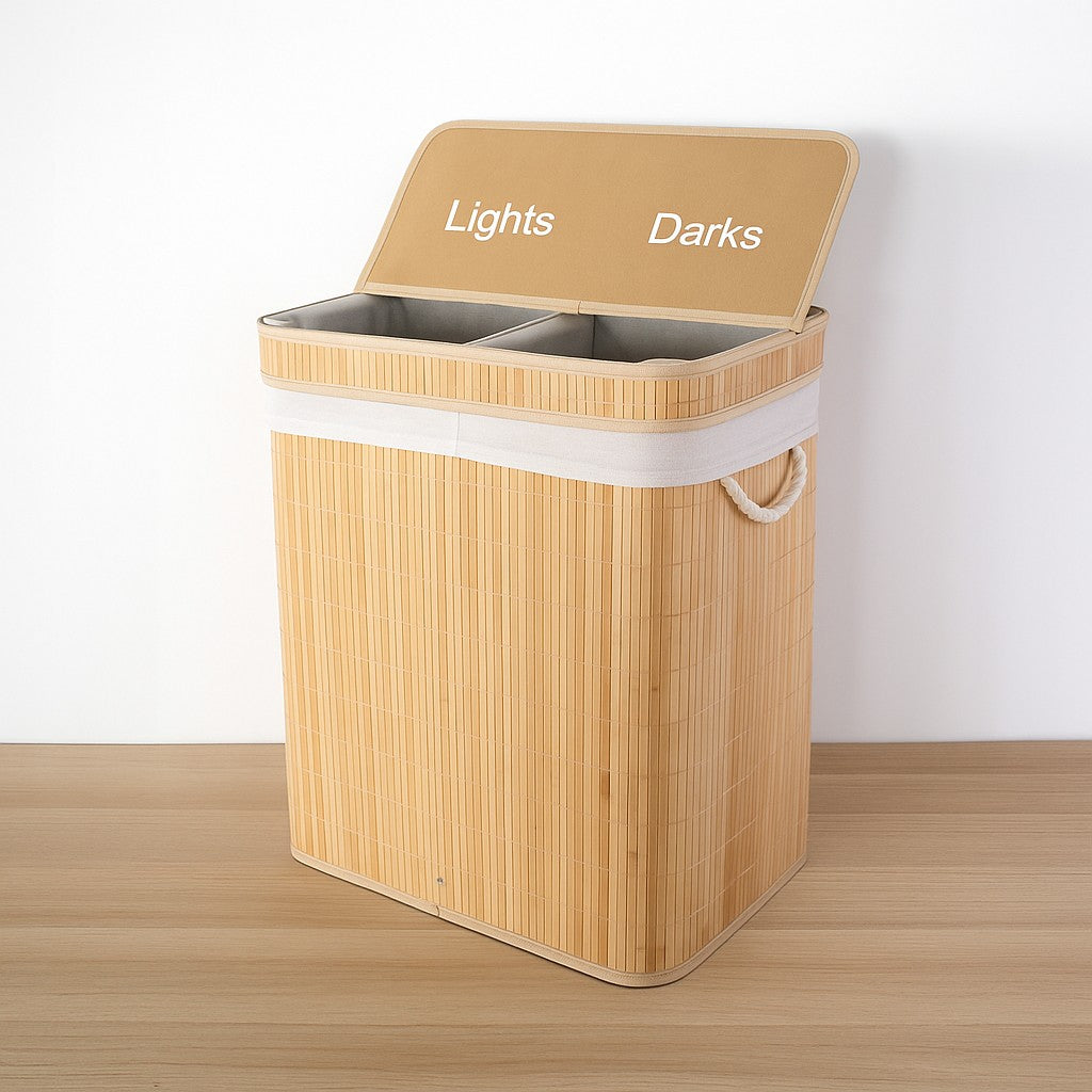 Bambusowy kosz na pranie, dwukomorowy ARVI, 100 l