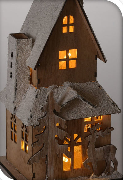 Domek drewniany z oświetleniem LED, dekoracja świąteczna, 9x20cm