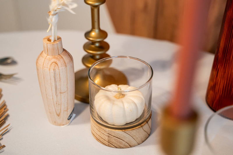 Komplet świeczników ze szkła Ete z drewnianymi podstawkami, 3 sztuki