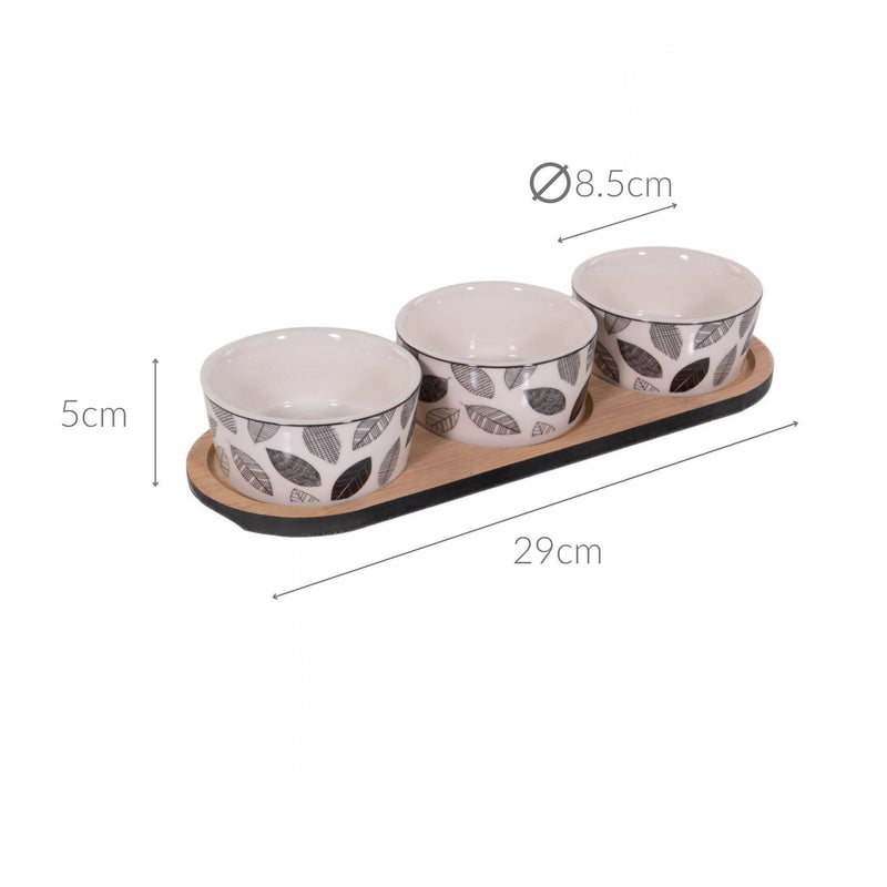 Zestaw do serwowania przekąsek: taca i 3 porcelanowe naczynia, Ø 10 cm
