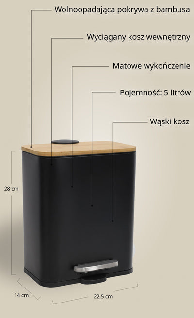 Wąski kosz łazienkowy z bambusem ZETRU, 5 l