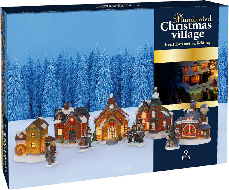 Zestaw figurek, świąteczna wioska z oświetleniem LED, 9 elementów