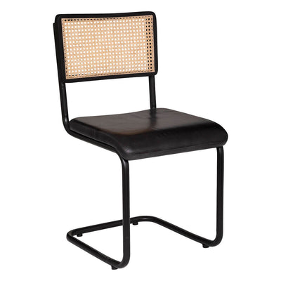Krzesło retro KIZAR, rattanowa plecionka, skórzane siedzisko, w typie bauhaus