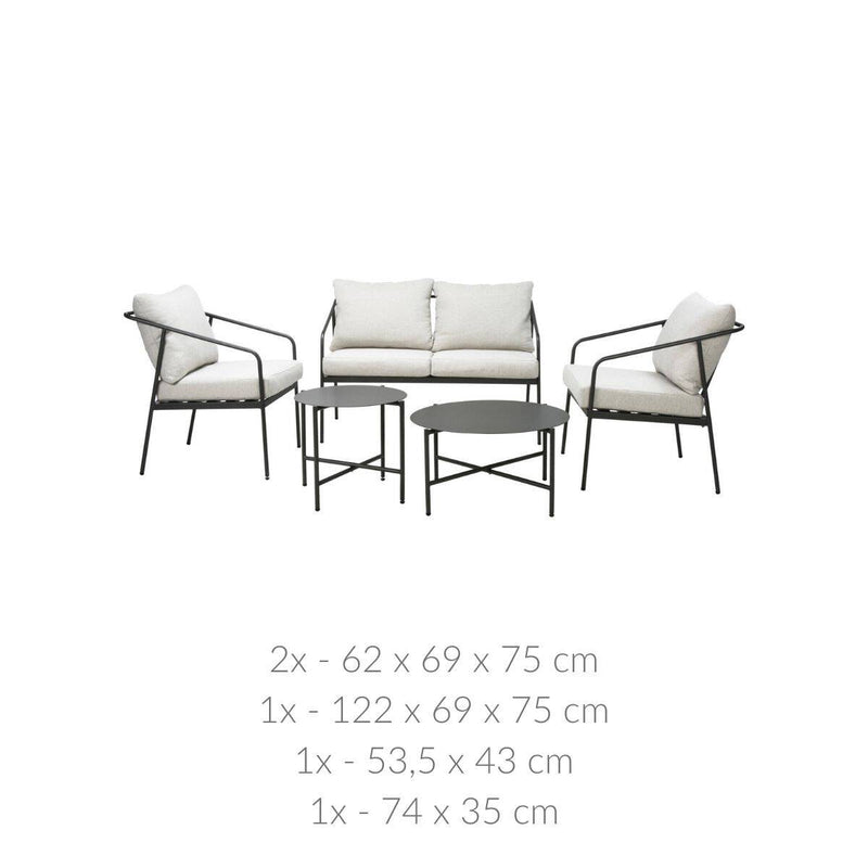 Meble ogrodowe z dwoma stolikami i sofą, metalowe