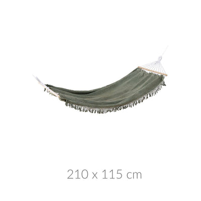 Hamak boho LINOU, z frędzlami, militarna zieleń, 210 x 115 cm