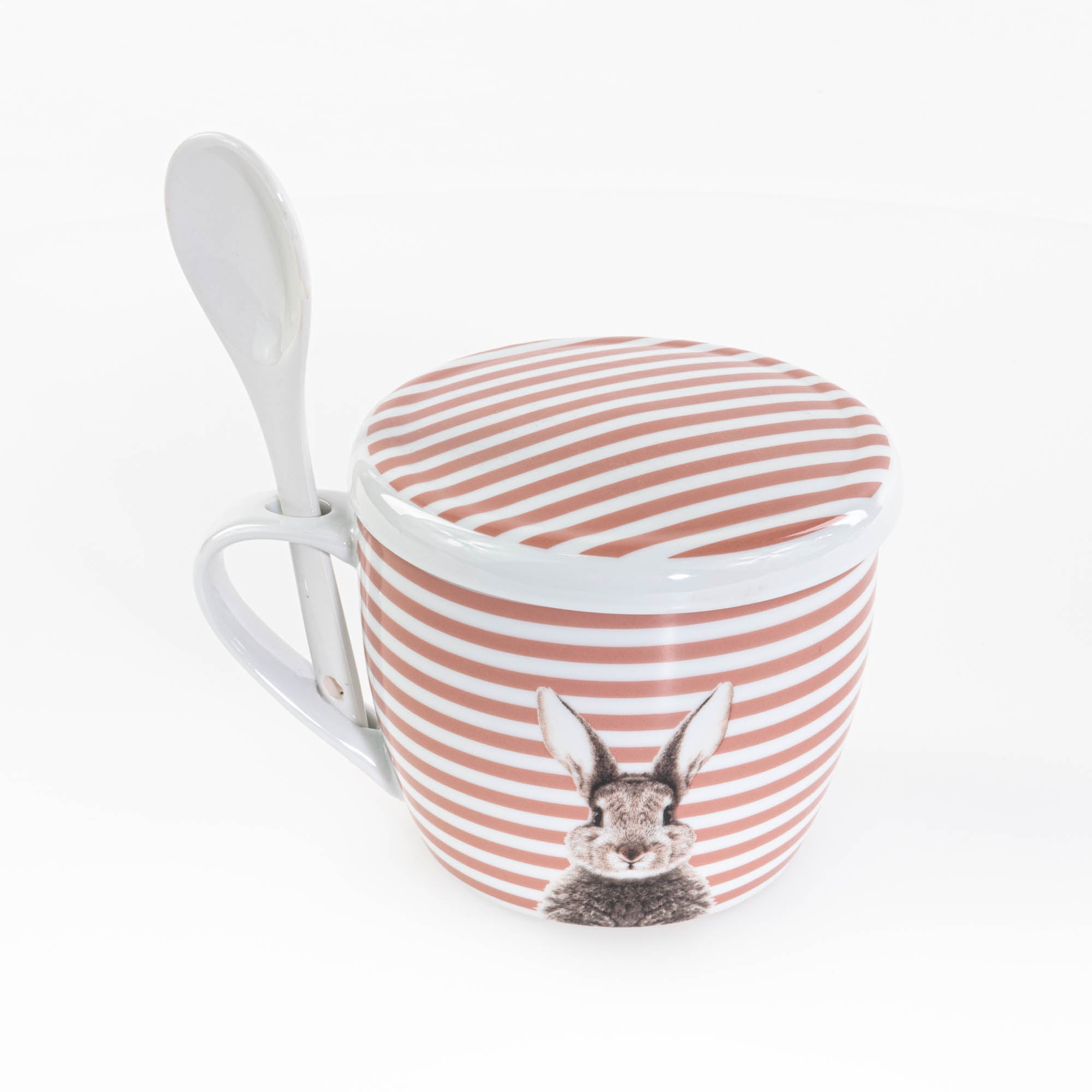 Kubek z pokrywką i z łyżeczką FLUFFY, porcelanowy, zajączek, 600 ml