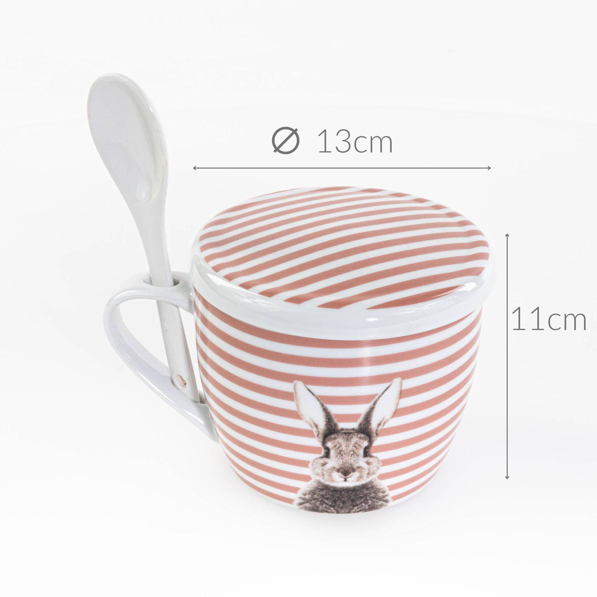 Kubek z pokrywką i z łyżeczką FLUFFY, porcelanowy, zajączek, 600 ml