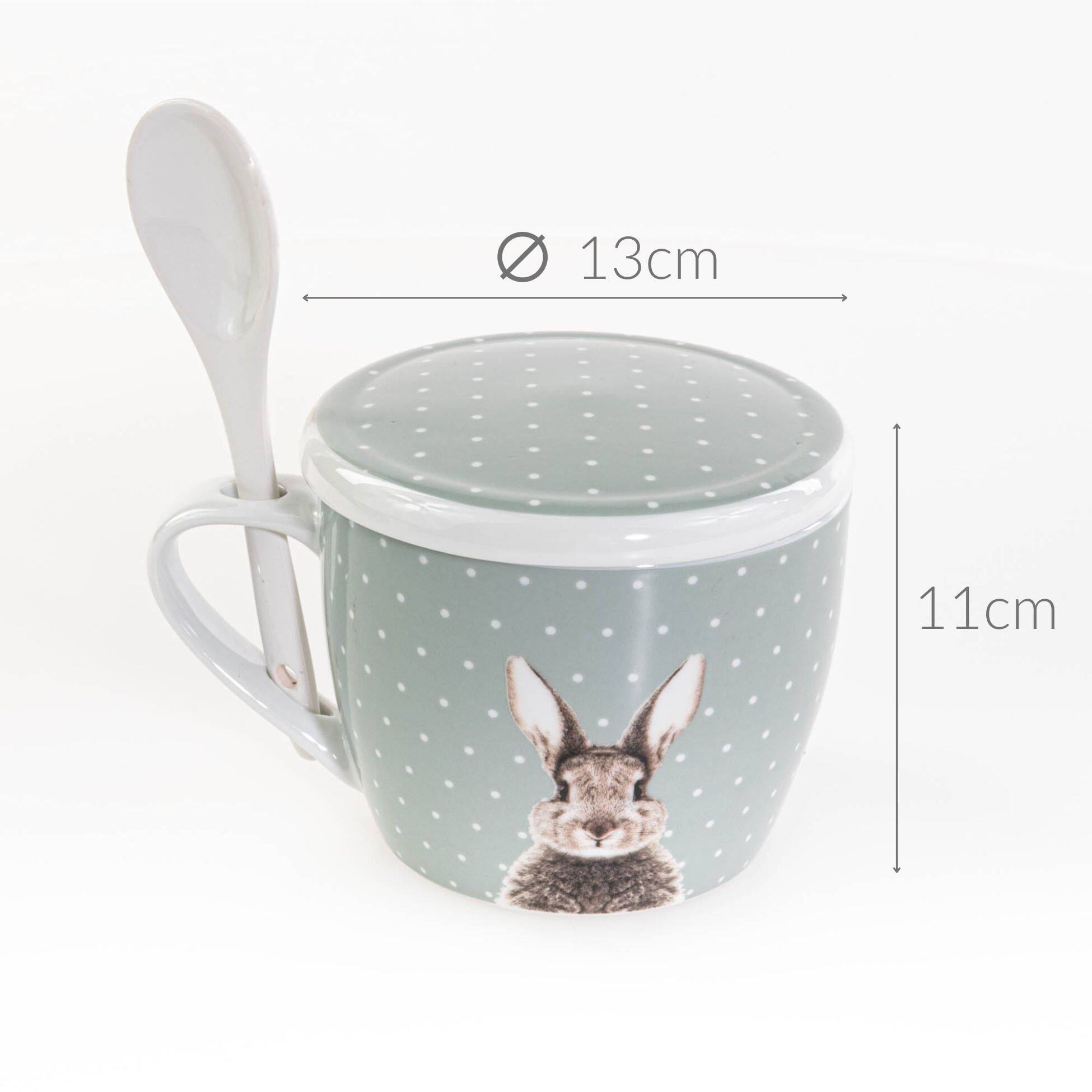 Kubek z pokrywką i z łyżeczką FLUFFY, porcelanowy, zajączek, 600 ml
