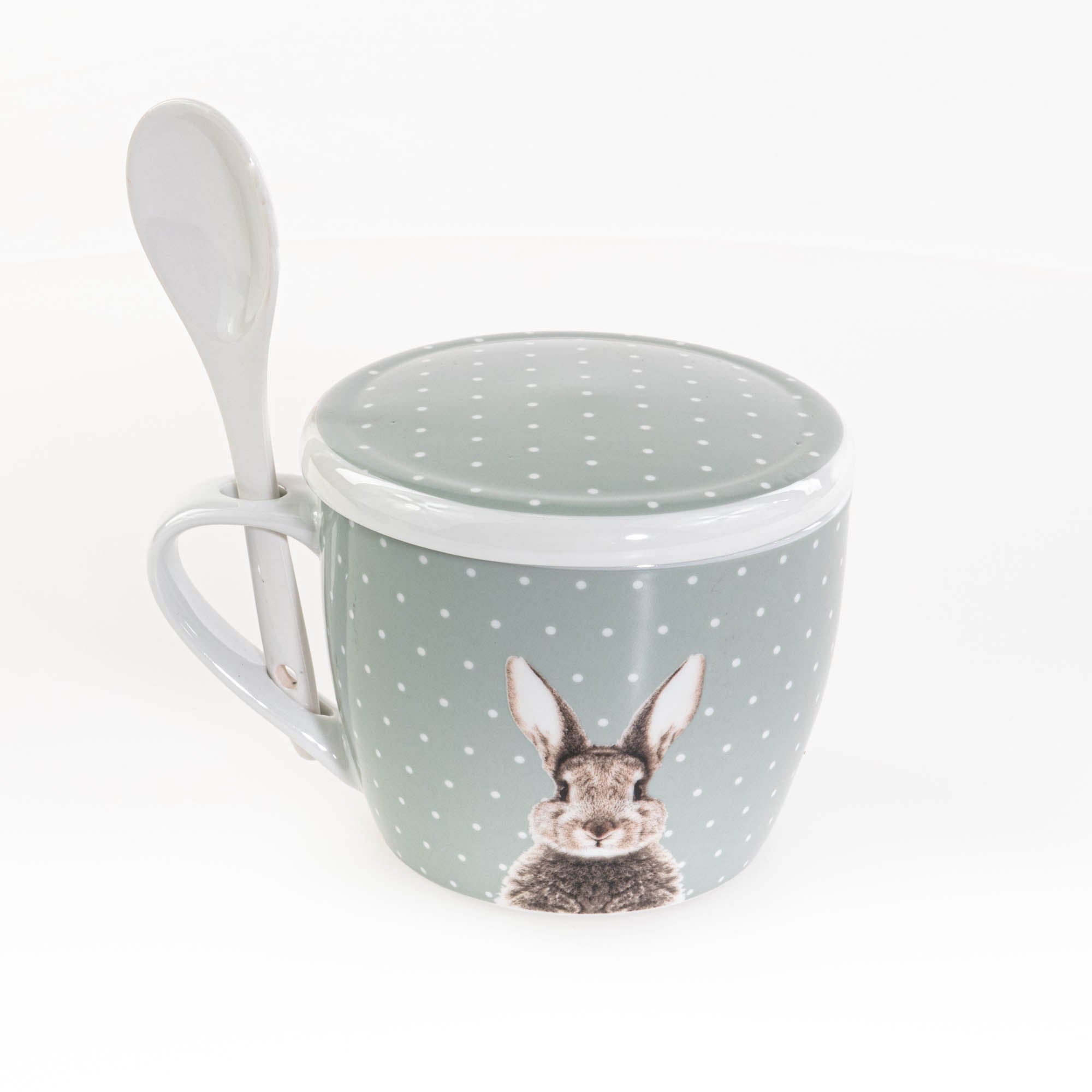 Kubek z pokrywką i z łyżeczką FLUFFY, porcelanowy, zajączek, 600 ml