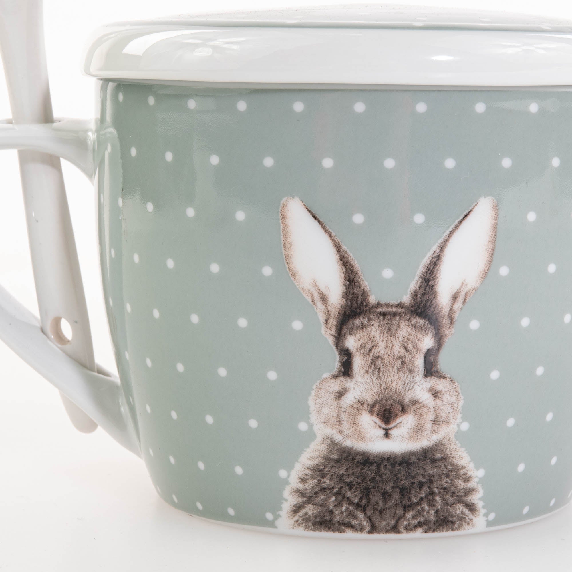 Kubek z pokrywką i z łyżeczką FLUFFY, porcelanowy, zajączek, 600 ml
