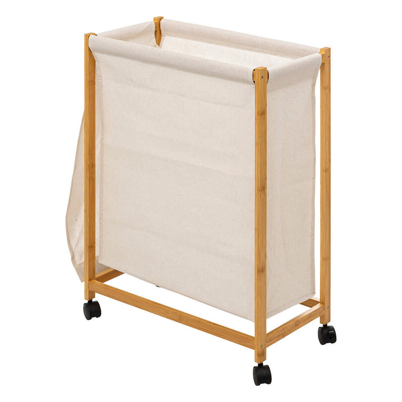 Wąski kosz na pranie na kółkach, tekstylny worek i bambusowy stelaż, 55 x 28 x 80 cm