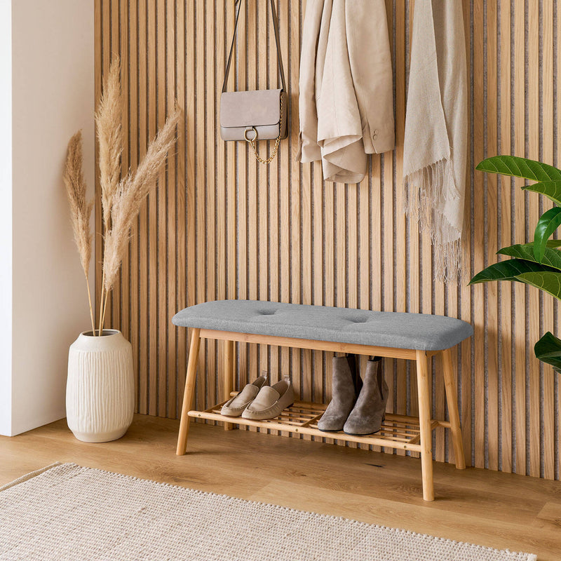 Tapicerowana ławka z półką na buty, bambus + len