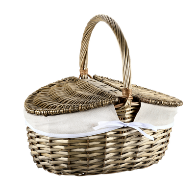 Wiklinowy koszyk piknikowy z pokrywką i materiałową wyściółką, 40 x 28 cm 