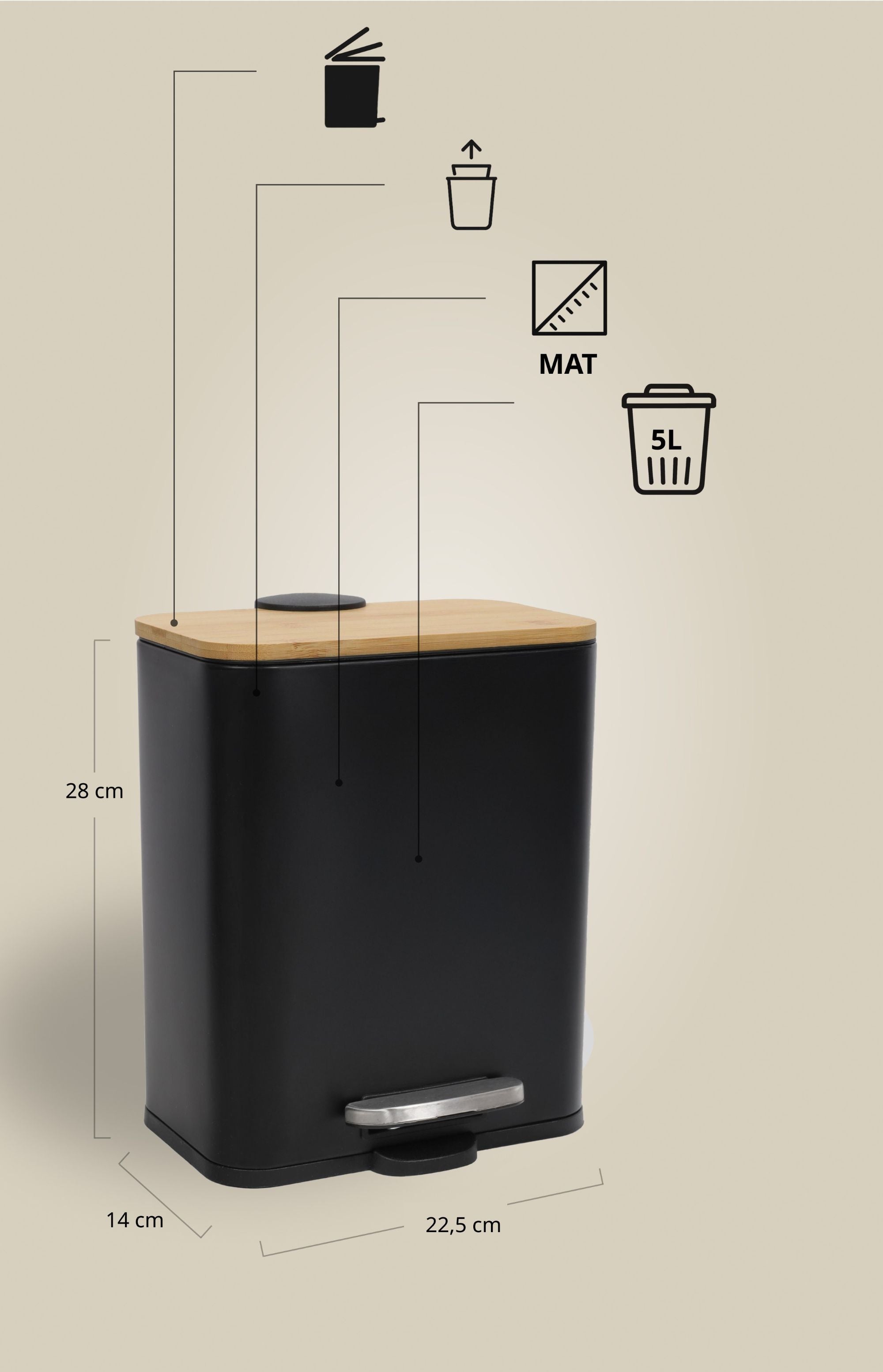 Wąski kosz łazienkowy z bambusem ZETRU, 5 l