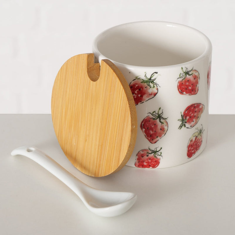 Ceramiczny pojemnik z łyżką i bambusową pokrywą, STRAWBERRY