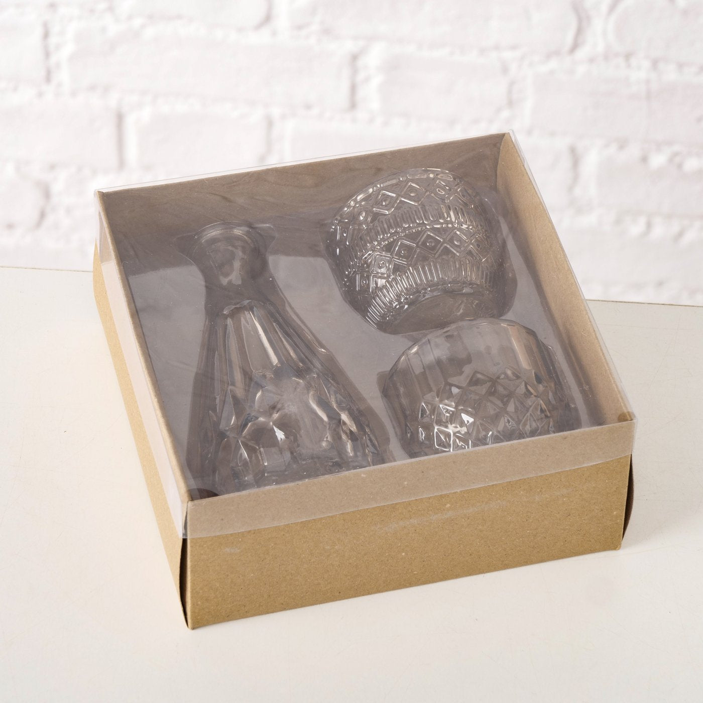 Zestaw szklanych dekoracji CHERIN, świeczniki i wazon