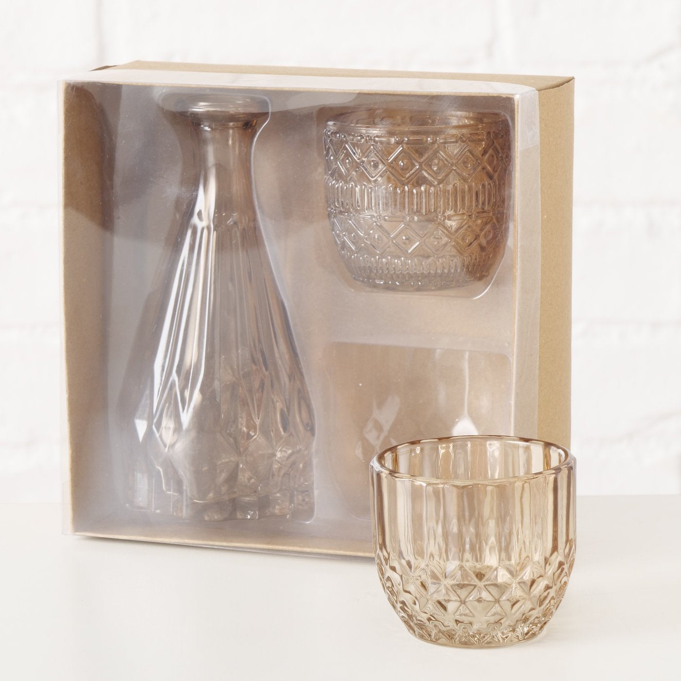 Zestaw szklanych dekoracji CHERIN, świeczniki i wazon