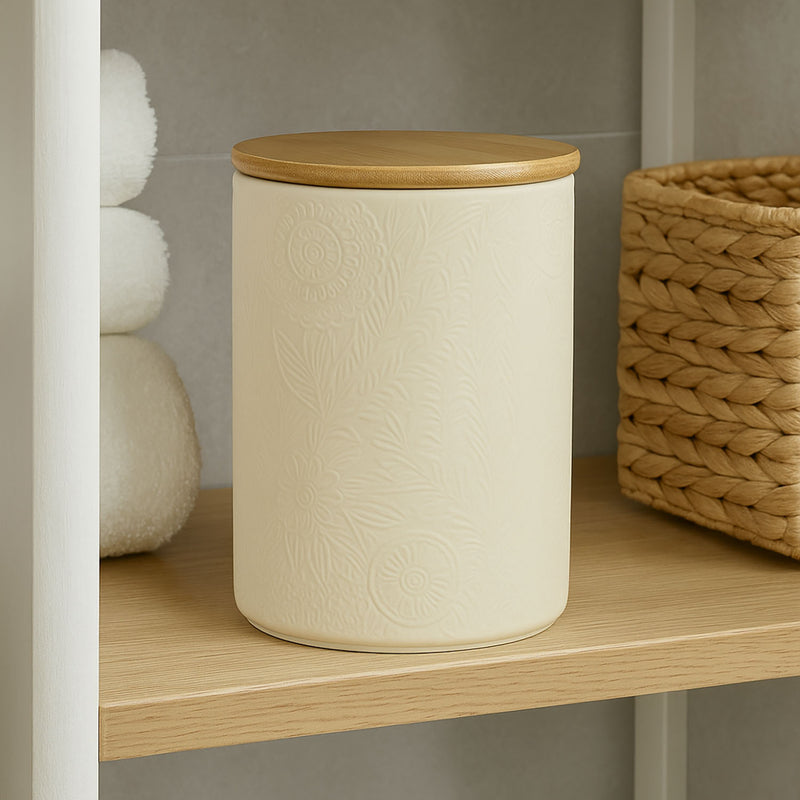 Słoik ceramiczny z pokrywką z bambusa, Ø 10 x 16 cm