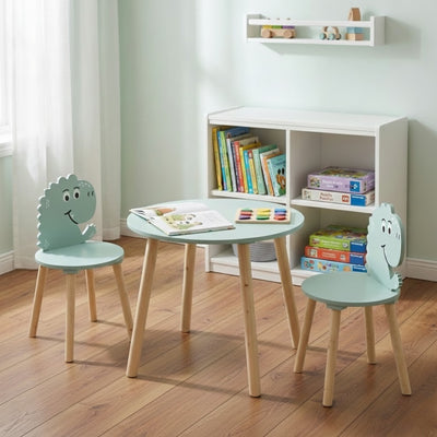 Drewniany stolik z 2 krzesełkami dla dzieci, motyw dinozaura, wys. 50 cm