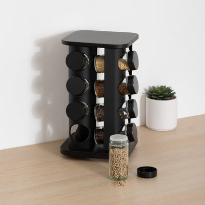 Metalowy organizer na przyprawy ROTA, 16 szklanych słoiczków