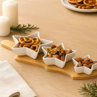 Miseczki do serwowania przekąsek GLACIERA, 3 gwiazdki i bambusowa taca