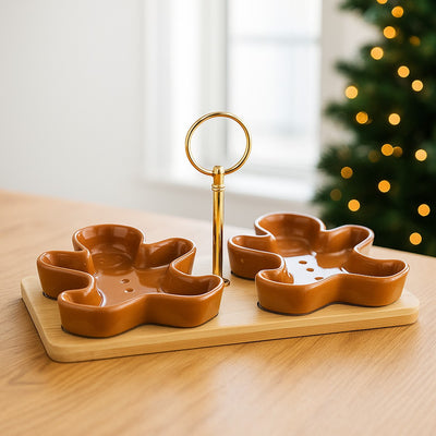 Miseczki na przekąski na bambusowej desce ZIMORA pierniczki, 3 elementy