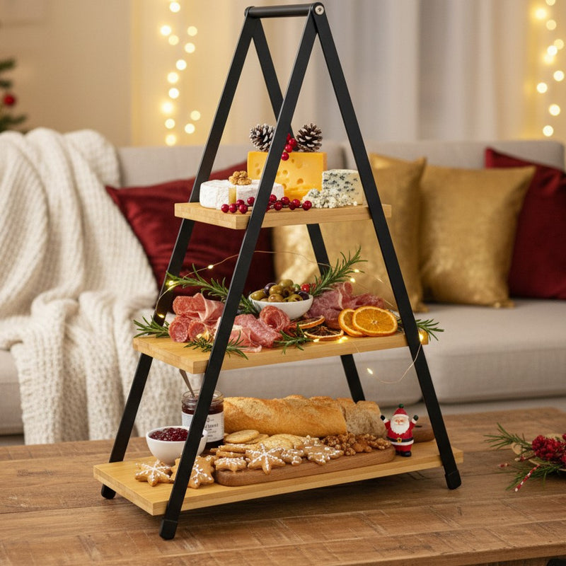 Patera trzypoziomowa z drewnianymi półkami, 53 cm