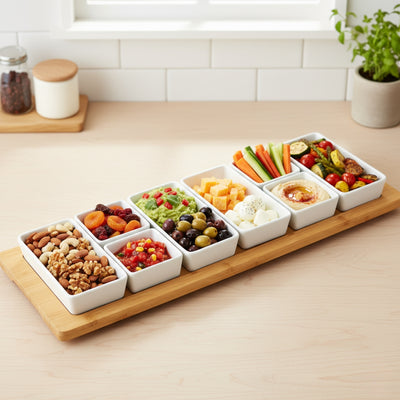 Porcelanowe miseczki na przekąski AION, 9 elementów na bambusowej tacy