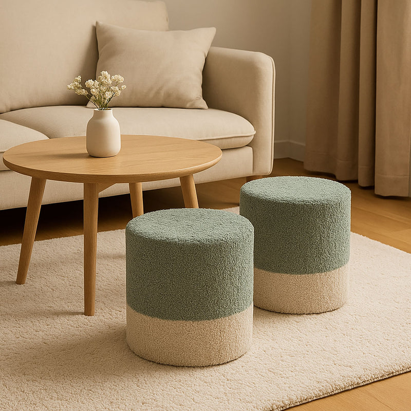 Pufa okrągła tapicerowana w dwóch kolorach boucle, Ø 35 x 34 cm