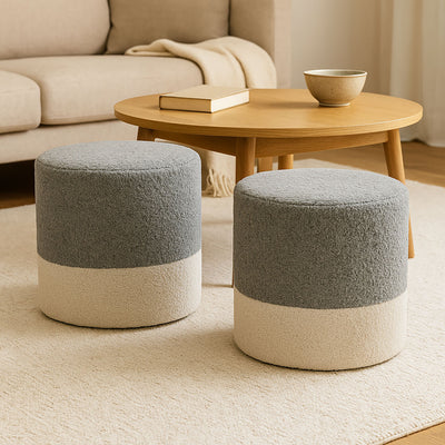 Pufa okrągła tapicerowana w dwóch kolorach boucle, Ø 35 x 34 cm