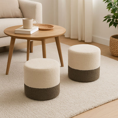 Pufa okrągła tapicerowana w dwóch kolorach boucle, Ø 35 x 34 cm