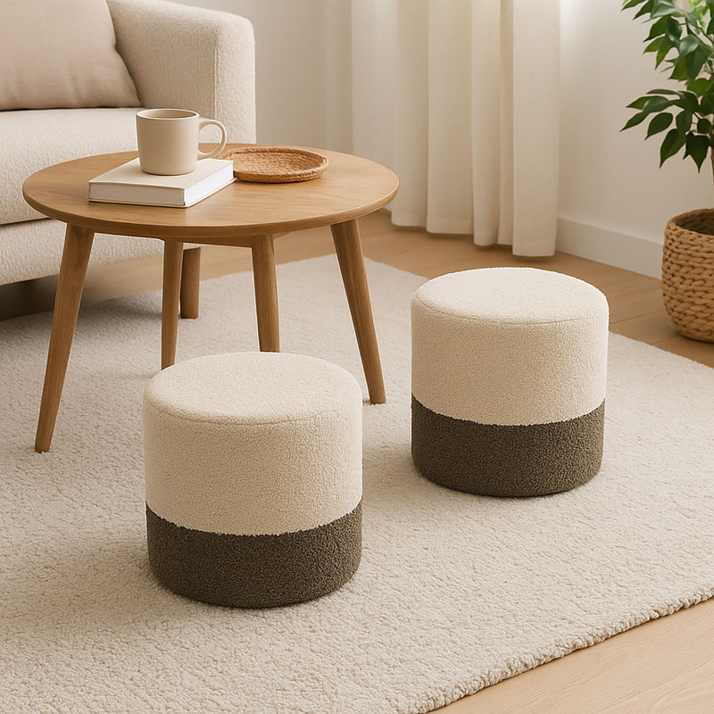 Pufa okrągła tapicerowana w dwóch kolorach boucle, Ø 35 x 34 cm