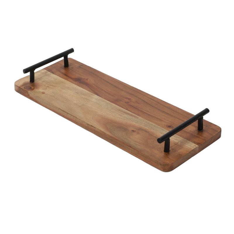 Taca do serwowania z drewna akacji z uchwytami metalowymi, 40 x 15 x 5 cm