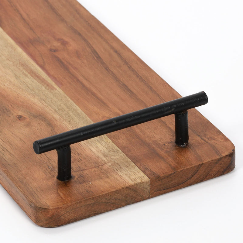 Taca do serwowania z drewna akacji z uchwytami metalowymi, 40 x 15 x 5 cm