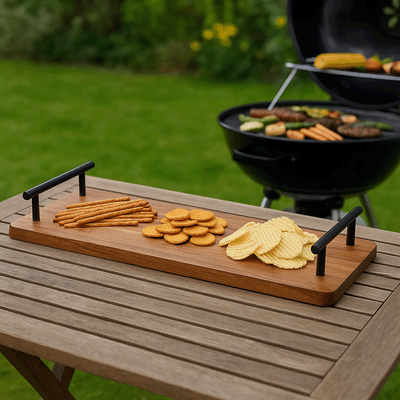 Taca do serwowania z drewna akacji z uchwytami metalowymi, 40 x 15 x 5 cm